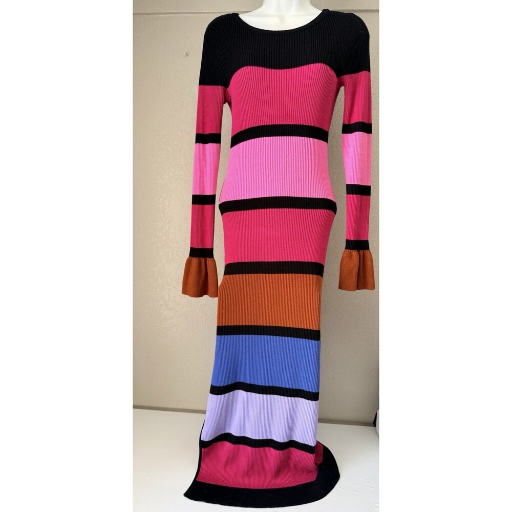 Rachel Parcell Women’s S Pink Colorblock Ribbed Knit Maxi Dress Flounce Slit